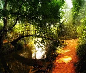 Preview wallpaper bridge, park, river, track, trees, gleams