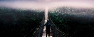 Preview wallpaper bridge, person, planet, forest, rain