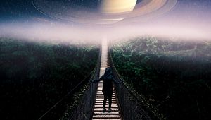 Preview wallpaper bridge, person, planet, forest, rain