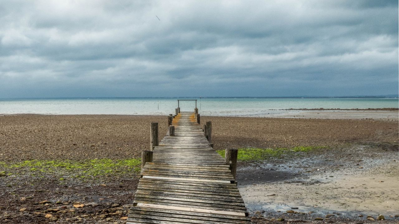 Wallpaper bridge, pier, beach, sea, horizon, clouds, sky, landscape
