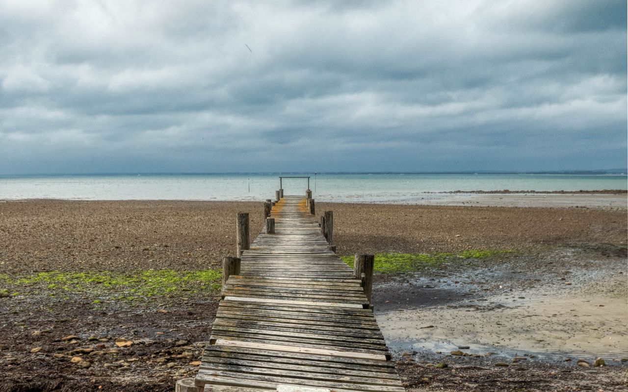 1280x800 Wallpaper bridge, pier, beach, sea, horizon, clouds, sky, landscape