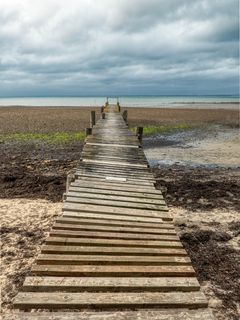 240x320 Wallpaper bridge, pier, beach, sea, horizon, clouds, sky, landscape