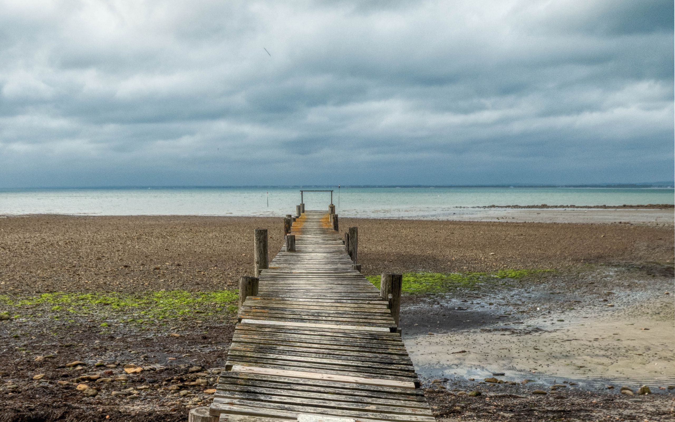 2560x1600 Wallpaper bridge, pier, beach, sea, horizon, clouds, sky, landscape