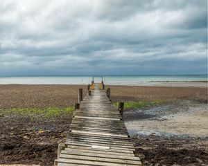 Preview wallpaper bridge, pier, beach, sea, horizon, clouds, sky, landscape
