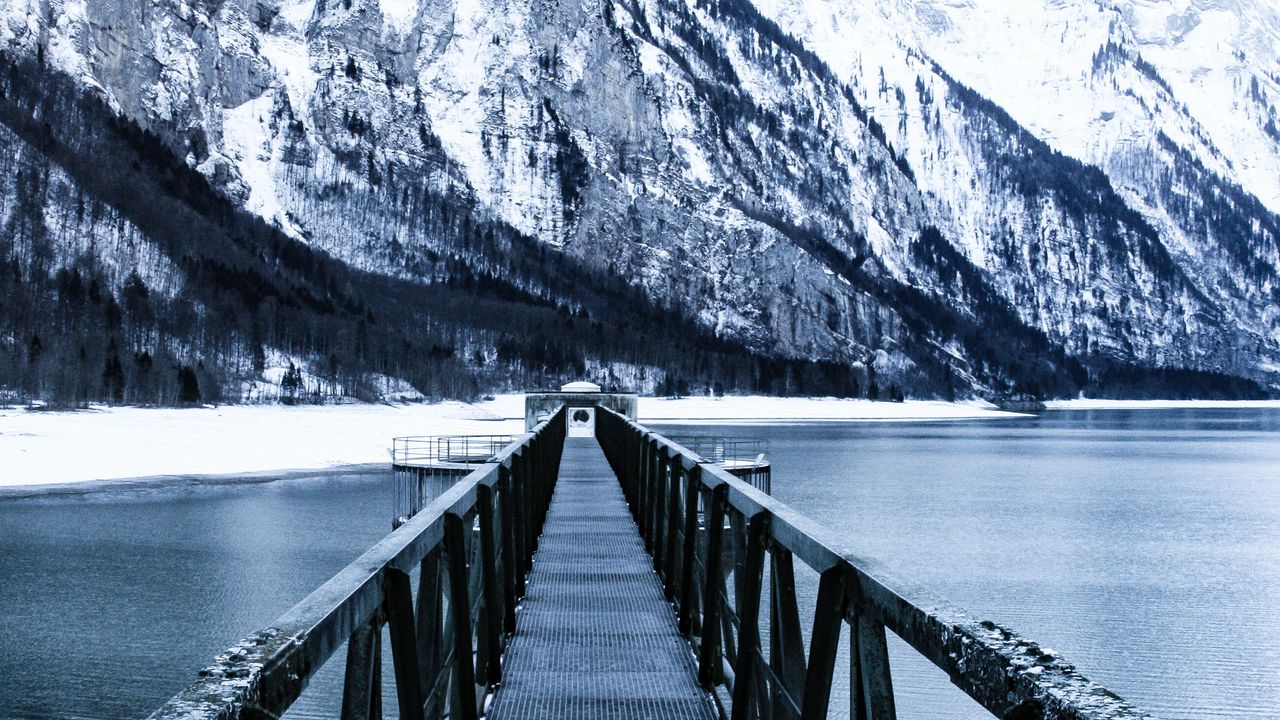Wallpaper bridge, pier, snow, mountains, lake