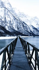Preview wallpaper bridge, pier, snow, mountains, lake