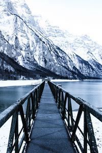 Preview wallpaper bridge, pier, snow, mountains, lake