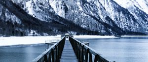 Preview wallpaper bridge, pier, snow, mountains, lake