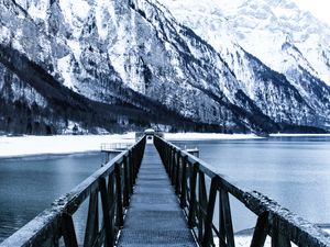 Preview wallpaper bridge, pier, snow, mountains, lake