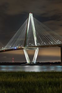 Preview wallpaper bridge, pilings, lights, glow, river, night