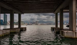 Preview wallpaper bridge, pilings, river, city