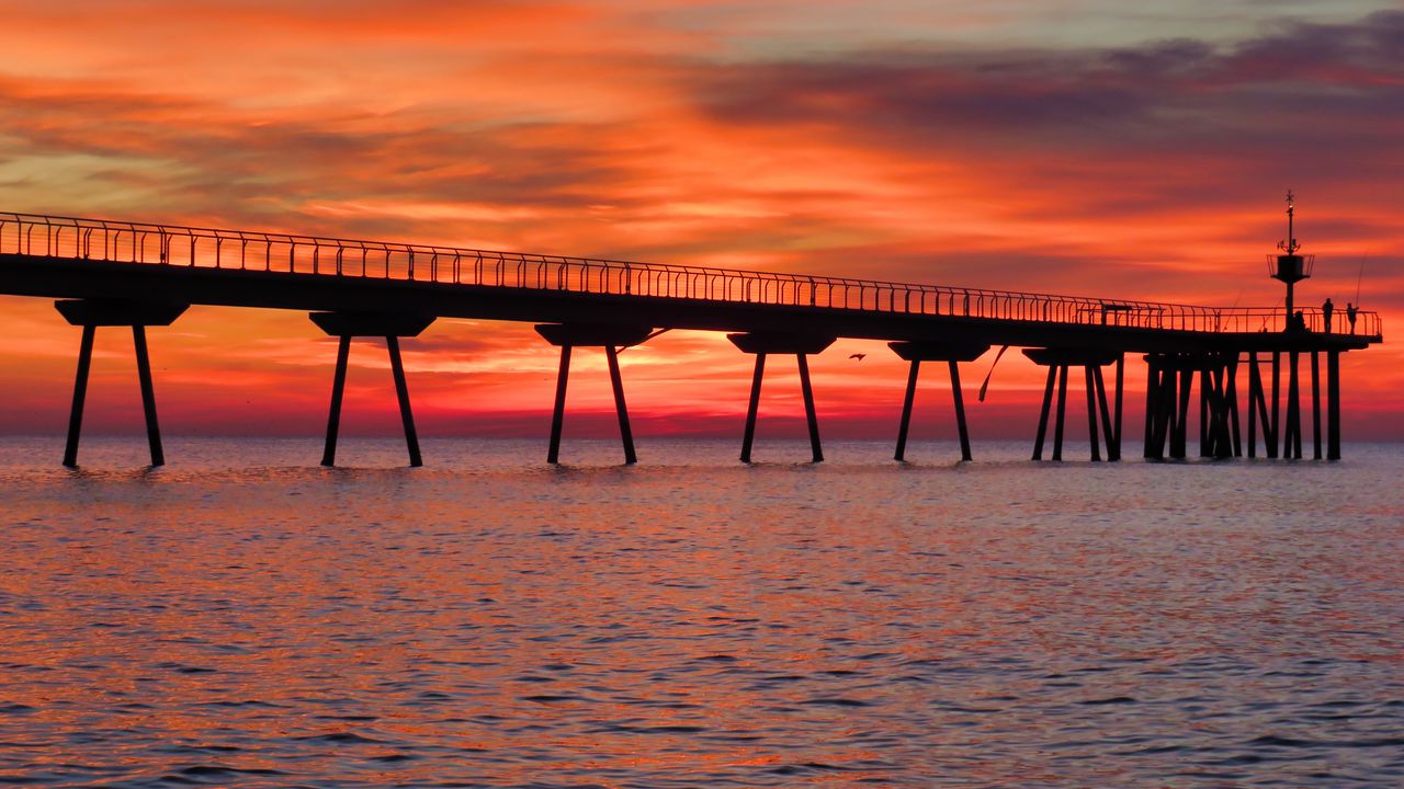 Wallpaper bridge, pilings, sea, sunset, nature