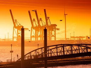 Preview wallpaper bridge, pilings, sea, twilight