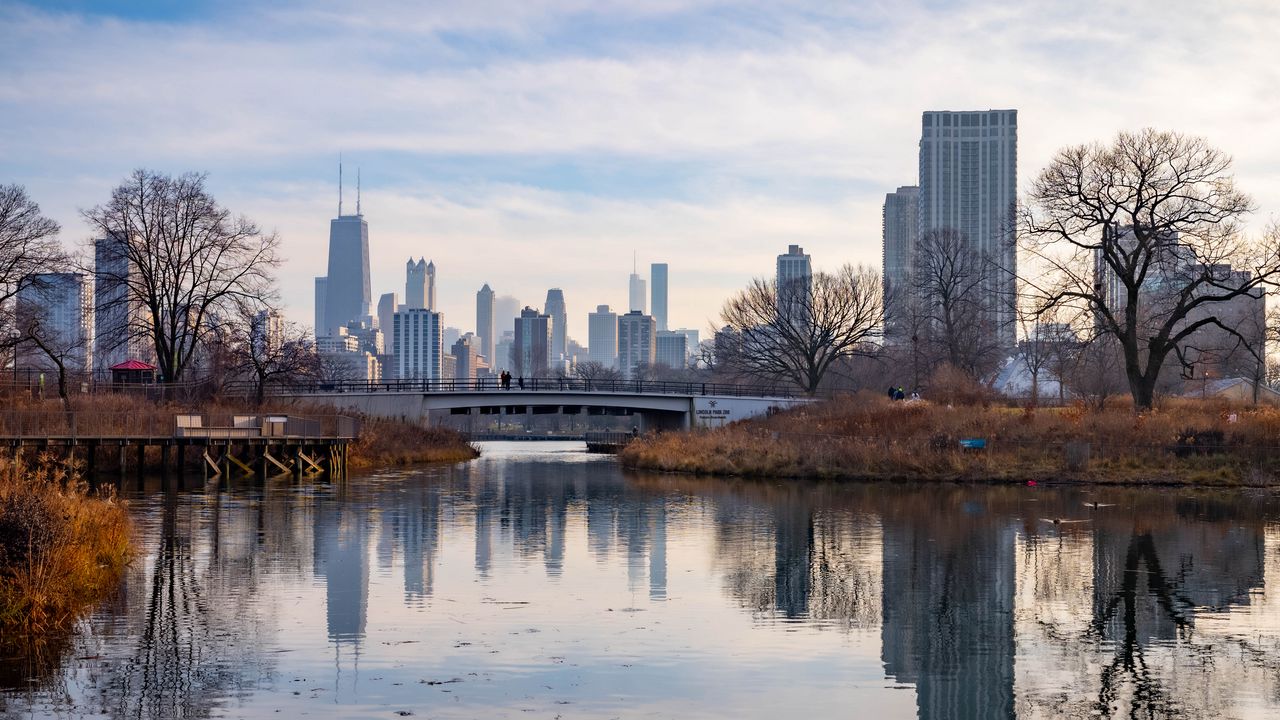 Wallpaper bridge, pond, city, reflection, chicago, usa