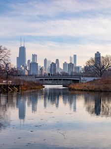 Preview wallpaper bridge, pond, city, reflection, chicago, usa