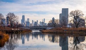 Preview wallpaper bridge, pond, city, reflection, chicago, usa