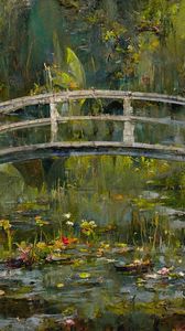 Preview wallpaper bridge, pond, flowers, paint, art