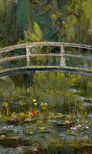 Preview wallpaper bridge, pond, flowers, paint, art