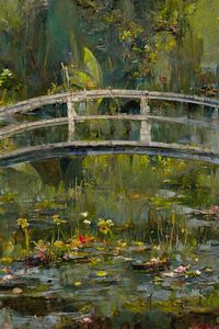 Preview wallpaper bridge, pond, flowers, paint, art