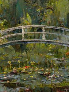 Preview wallpaper bridge, pond, flowers, paint, art