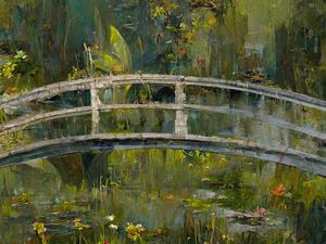 Preview wallpaper bridge, pond, flowers, paint, art