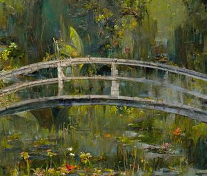 Preview wallpaper bridge, pond, flowers, paint, art