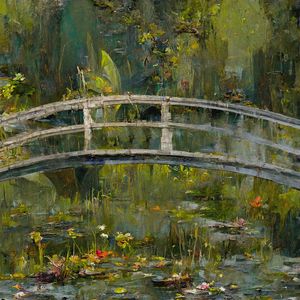 Preview wallpaper bridge, pond, flowers, paint, art