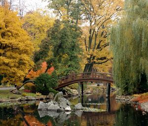 Preview wallpaper bridge, pond, stones, willow, serenity