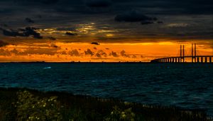 Preview wallpaper bridge, pond, sunset, clouds