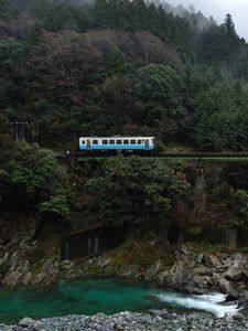 Preview wallpaper bridge, railroad, trees, river, rocks