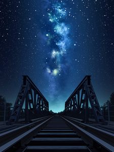 Preview wallpaper bridge, rails, starry sky, night, art