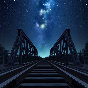 Preview wallpaper bridge, rails, starry sky, night, art