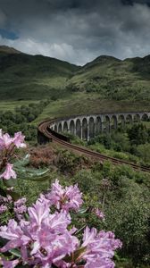 Preview wallpaper bridge, railway, mountains, hills, landscape