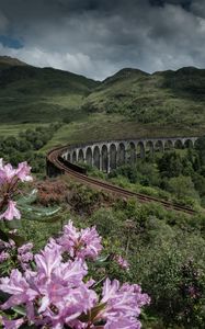 Preview wallpaper bridge, railway, mountains, hills, landscape
