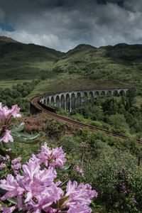 Preview wallpaper bridge, railway, mountains, hills, landscape