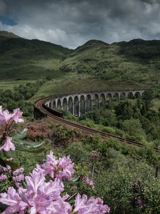 Preview wallpaper bridge, railway, mountains, hills, landscape