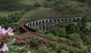 Preview wallpaper bridge, railway, mountains, hills, landscape