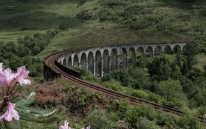 Preview wallpaper bridge, railway, mountains, hills, landscape