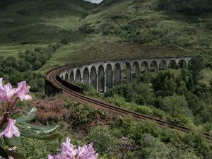 Preview wallpaper bridge, railway, mountains, hills, landscape