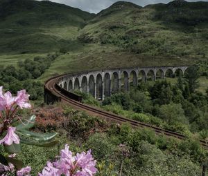 Preview wallpaper bridge, railway, mountains, hills, landscape