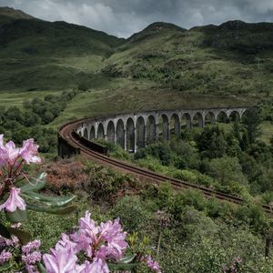 Preview wallpaper bridge, railway, mountains, hills, landscape