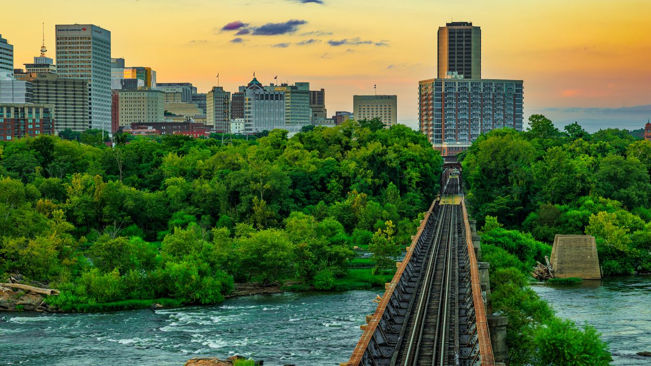Wallpaper bridge, railway, river, city, sunset, landscape