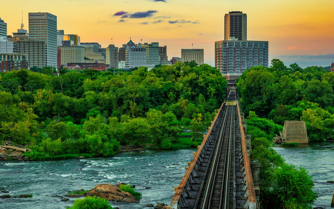 1280x800 Wallpaper bridge, railway, river, city, sunset, landscape