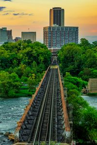 Preview wallpaper bridge, railway, river, city, sunset, landscape