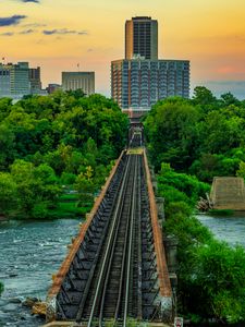 Preview wallpaper bridge, railway, river, city, sunset, landscape