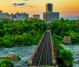 Preview wallpaper bridge, railway, river, city, sunset, landscape