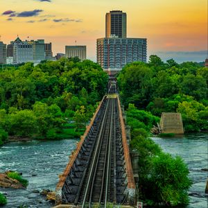 Preview wallpaper bridge, railway, river, city, sunset, landscape