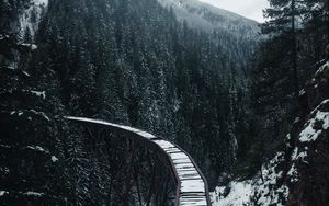 Preview wallpaper bridge, railway, snow, trees, mountains, snowy