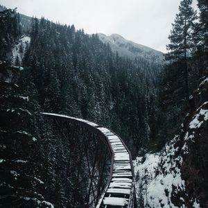 Preview wallpaper bridge, railway, snow, trees, mountains, snowy