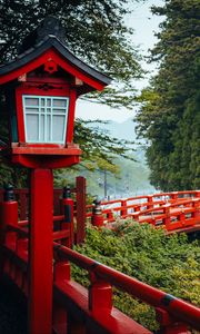 Preview wallpaper bridge, red, lights, forest, japan